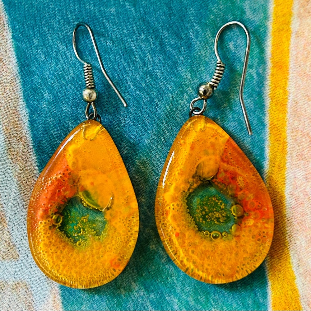 Vintage Amber Teardrop Earrings with Pierced Wire